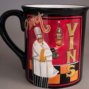 Pinot Vins Wine Mug Chef Design Black Ceramic Coffee Cup Bistro Kitchen Decor
